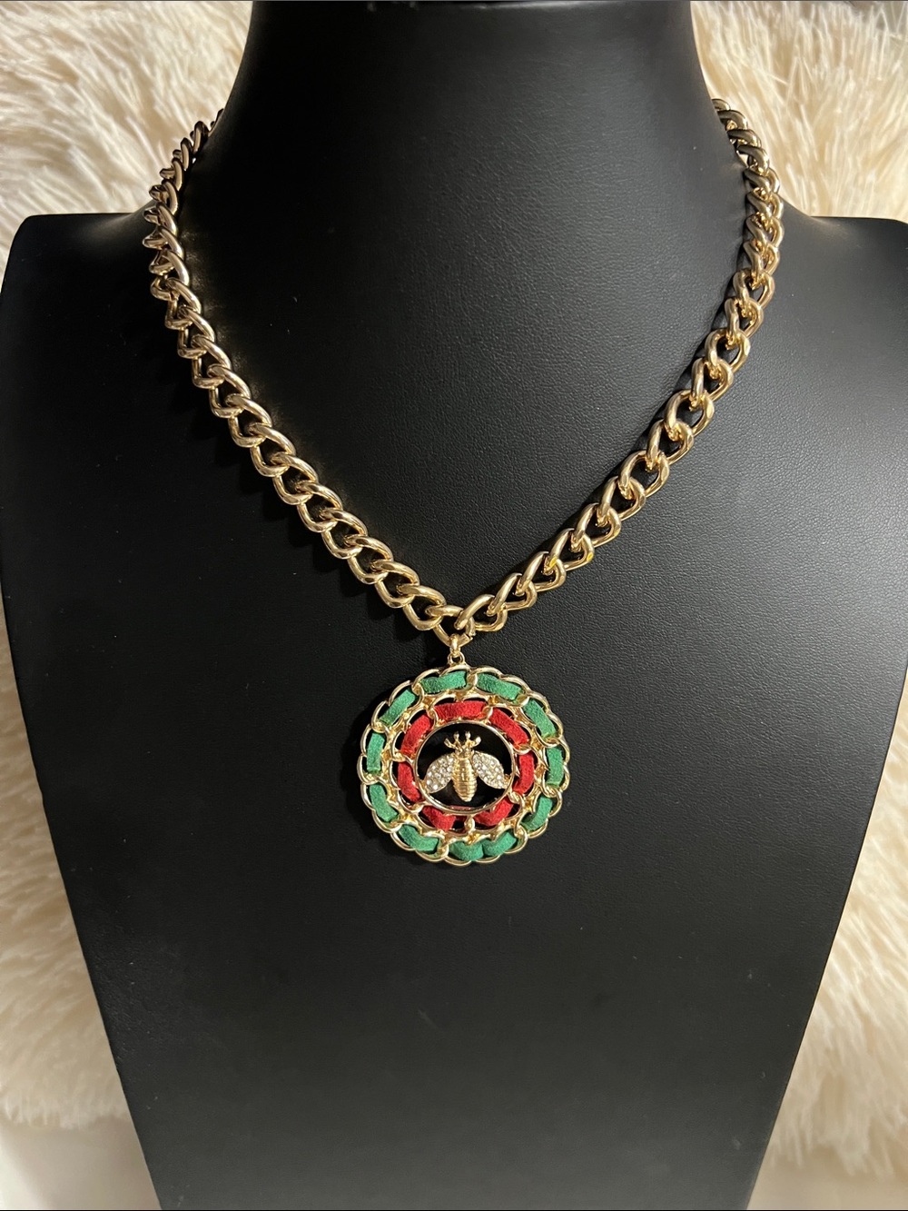 Gold Chain Necklace with Green and Red Enamel Bee Pendant